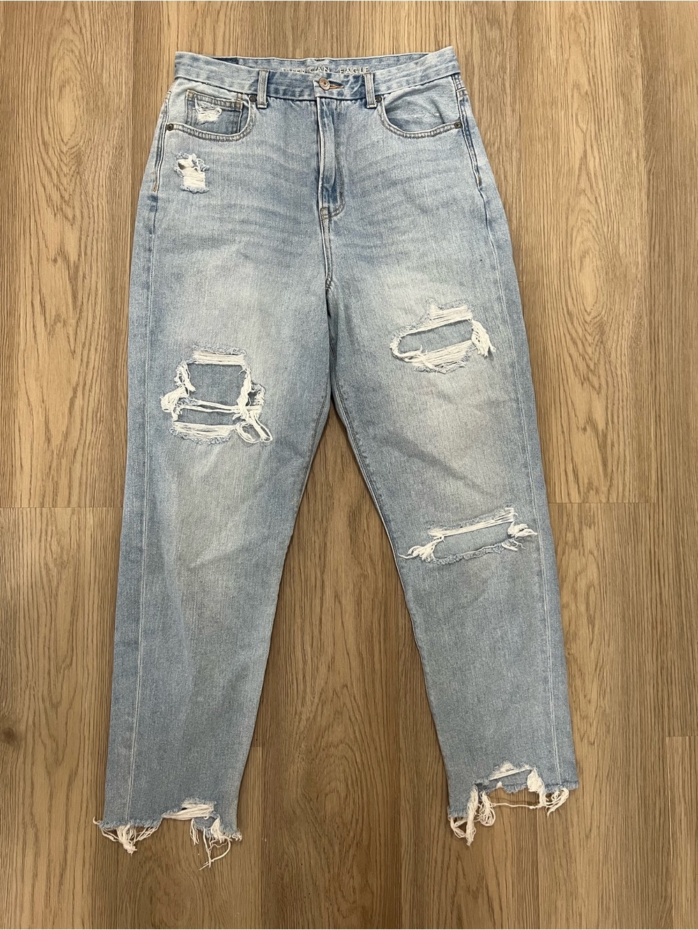 American Eagle Curvy Mom Jeans Distressed Patched Raw Hem Size 8 - Picture 2 of 15